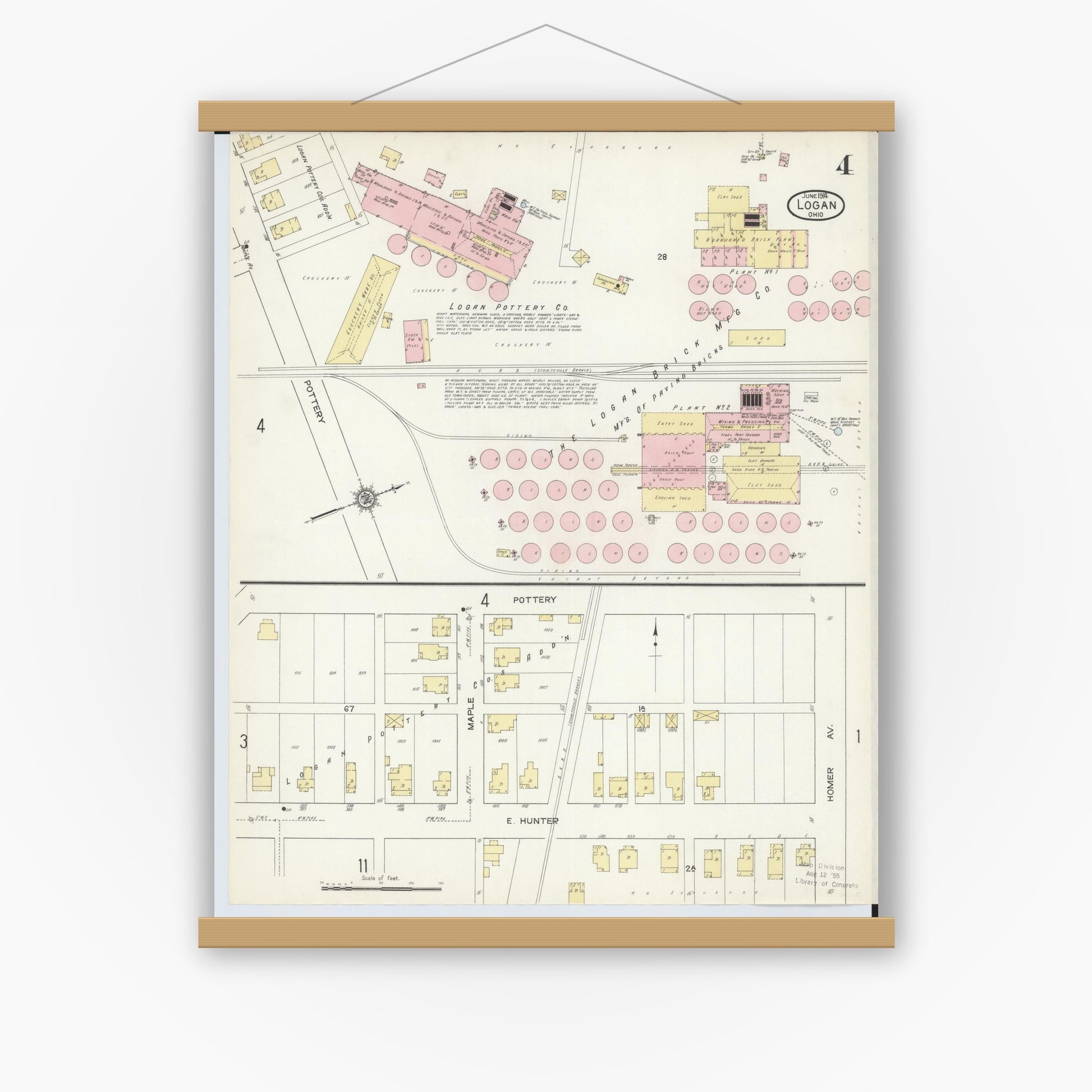 Old map wall art mockup — magnetic wood frame on white wall — Sanborn Fire Insurance Map from Logan, Hocking County, Ohio (1914), Sheet #0004