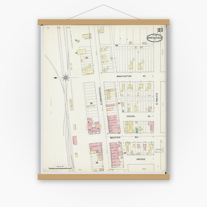 Old map wall art mockup — magnetic wood frame on white wall — Sanborn Fire Insurance Map from Springfield, Greene County, Missouri (1891), Sheet #0021