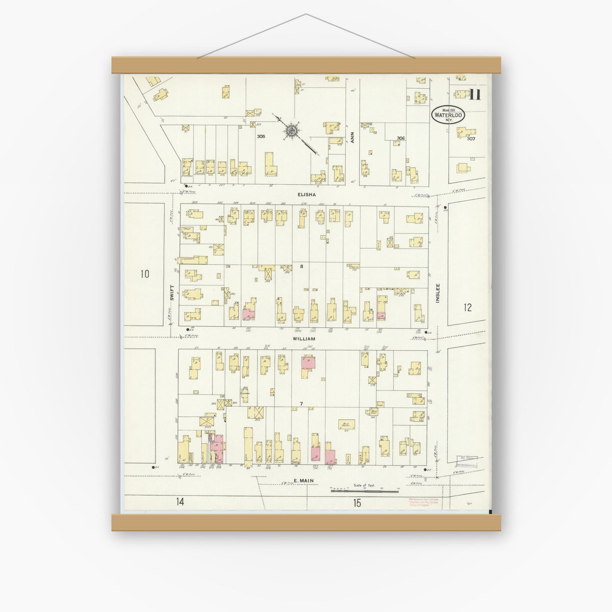 Old map wall art mockup — magnetic wood frame on white wall — Sanborn Fire Insurance Map from Waterloo, Seneca County, New York (1911), Sheet #0011