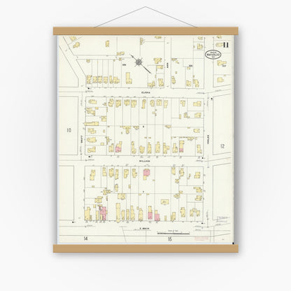 Old map wall art mockup — magnetic wood frame on white wall — Sanborn Fire Insurance Map from Waterloo, Seneca County, New York (1911), Sheet #0011