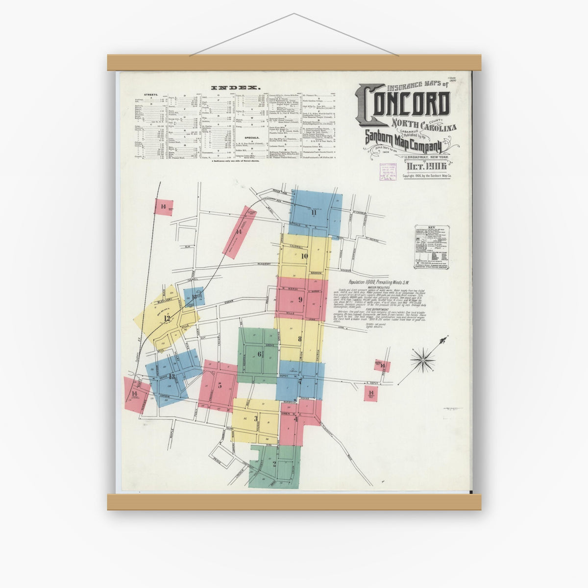 Old map wall art mockup — magnetic wood frame on white wall — Sanborn Fire Insurance Map from Concord, Cabarrus County, North Carolina (1906) - Complete Map Set
