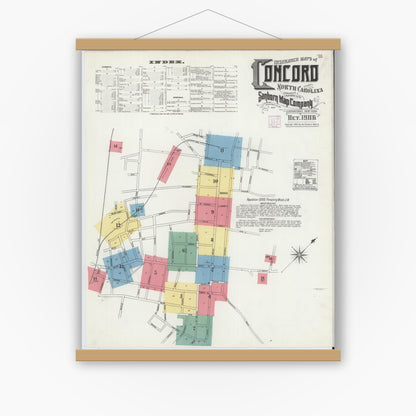 Old map wall art mockup — magnetic wood frame on white wall — Sanborn Fire Insurance Map from Concord, Cabarrus County, North Carolina (1906) - Complete Map Set