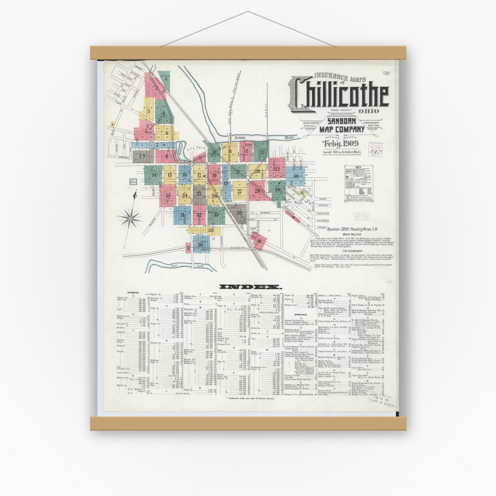 Old map wall art mockup — magnetic wood frame on white wall — Sanborn Fire Insurance Map from Chillicothe, Ross County, Ohio (1909), Sheet #0001