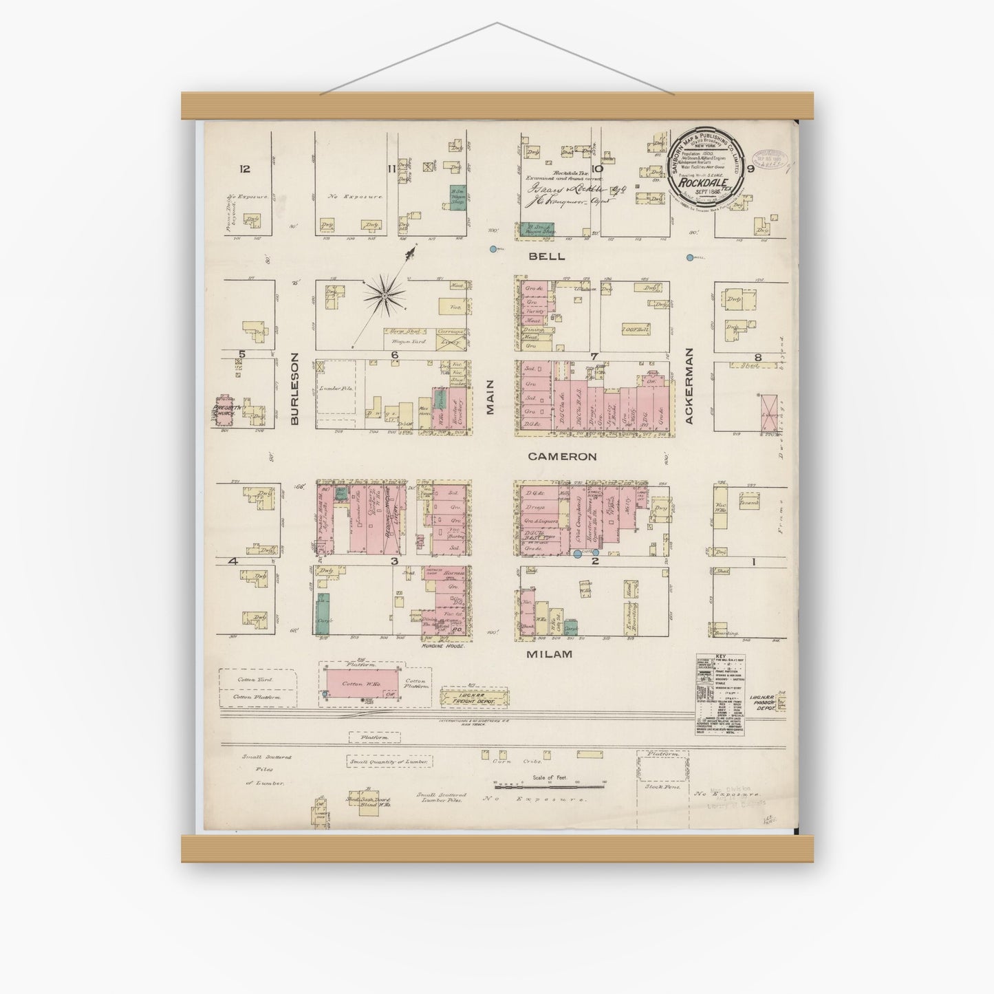 Old map wall art mockup — magnetic wood frame on white wall — Sanborn Fire Insurance Map from Rockdale, Milam County, Texas (1885), Sheet #0001