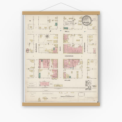 Old map wall art mockup — magnetic wood frame on white wall — Sanborn Fire Insurance Map from Rockdale, Milam County, Texas (1885), Sheet #0001