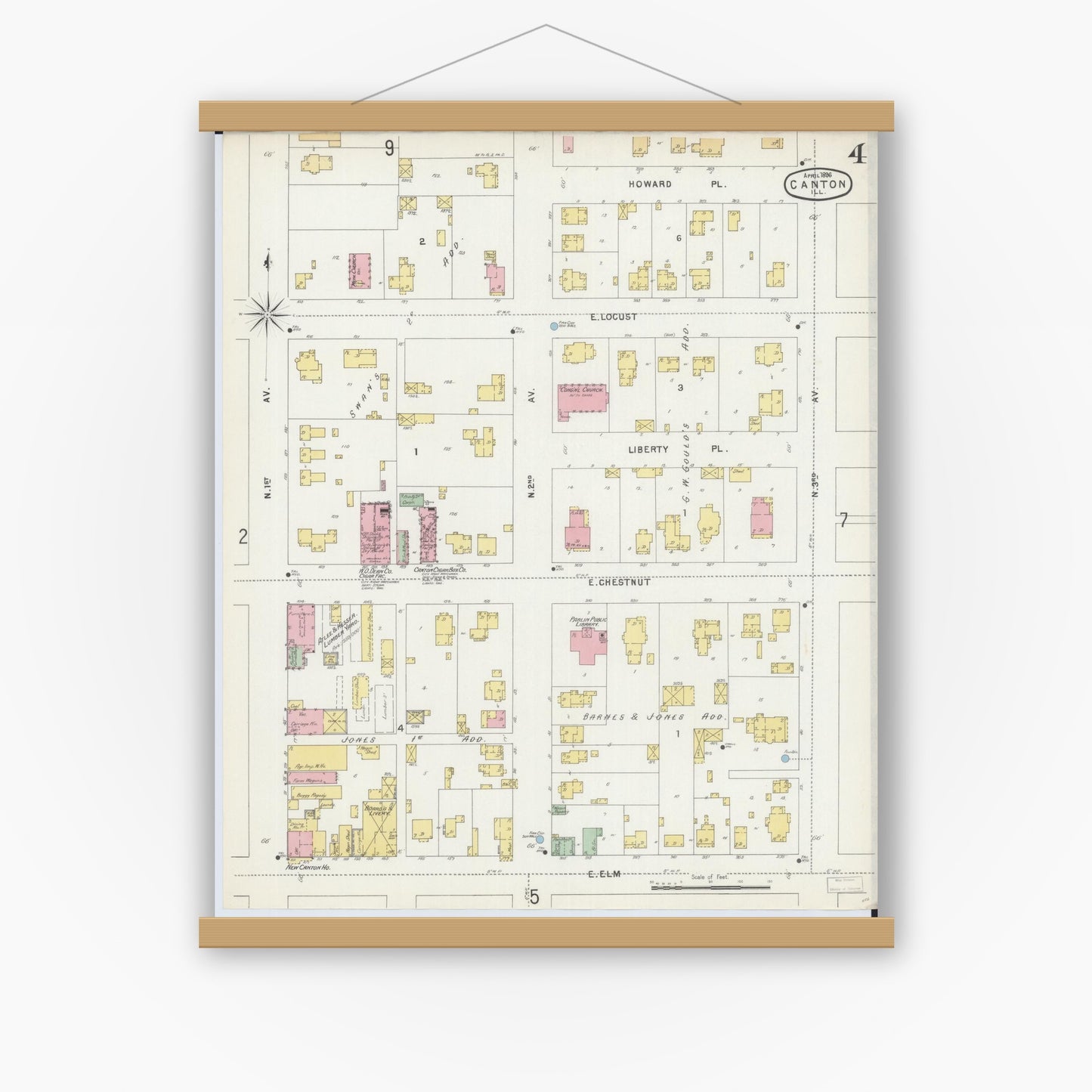 Old map wall art mockup — magnetic wood frame on white wall — Sanborn Fire Insurance Map from Canton, Fulton County, Illinois (1896), Sheet #0004