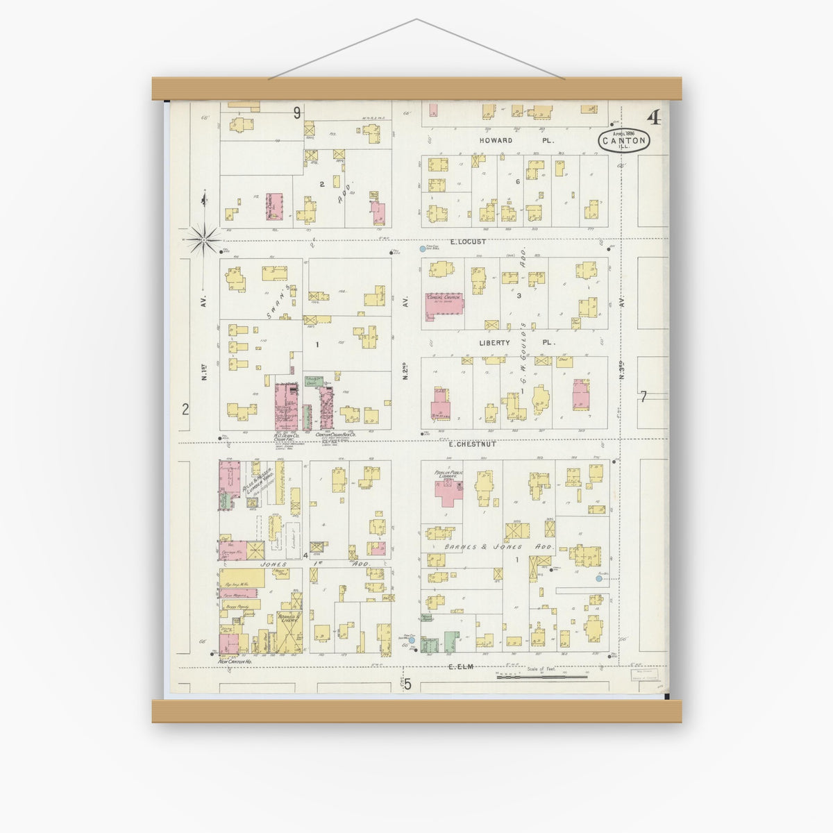 Old map wall art mockup — magnetic wood frame on white wall — Sanborn Fire Insurance Map from Canton, Fulton County, Illinois (1896), Sheet #0004