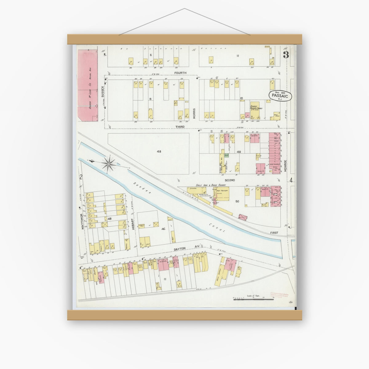 Old map wall art mockup — magnetic wood frame on white wall — Sanborn Fire Insurance Map from Passaic, Passaic County, New Jersey (1899), Sheet #0003