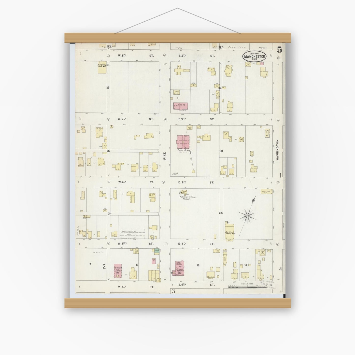 Old map wall art mockup — magnetic wood frame on white wall — Sanborn Fire Insurance Map from Manchester, Adams County, Ohio (1897), Sheet #0005