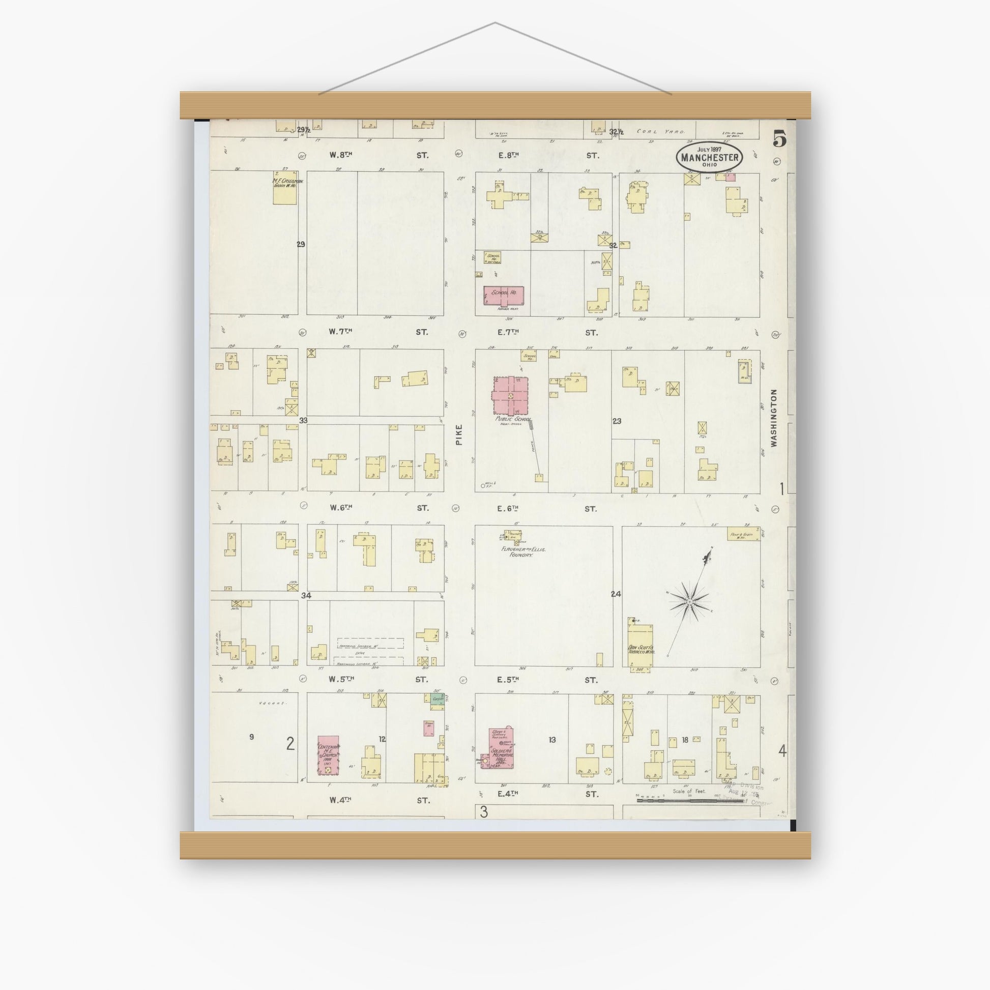 Old map wall art mockup — magnetic wood frame on white wall — Sanborn Fire Insurance Map from Manchester, Adams County, Ohio (1897), Sheet #0005