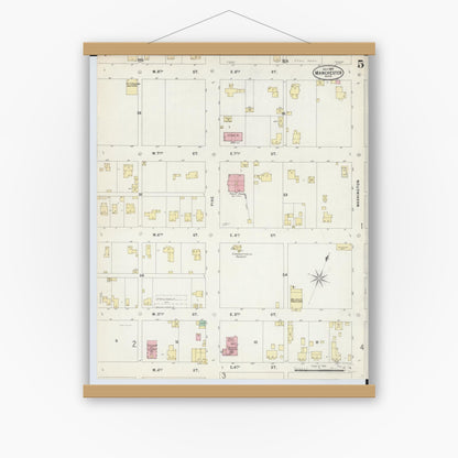 Old map wall art mockup — magnetic wood frame on white wall — Sanborn Fire Insurance Map from Manchester, Adams County, Ohio (1897), Sheet #0005