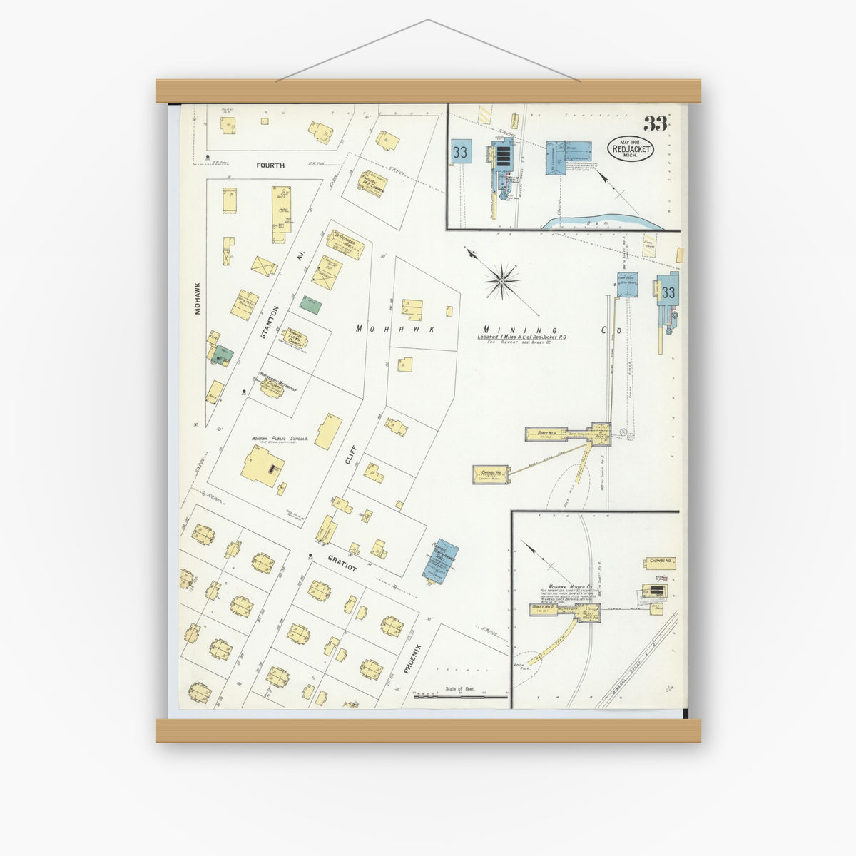 Old map wall art mockup — magnetic wood frame on white wall — Sanborn Fire Insurance Map from Red Jacket, Houghton County, Michigan (1908), Sheet #0033