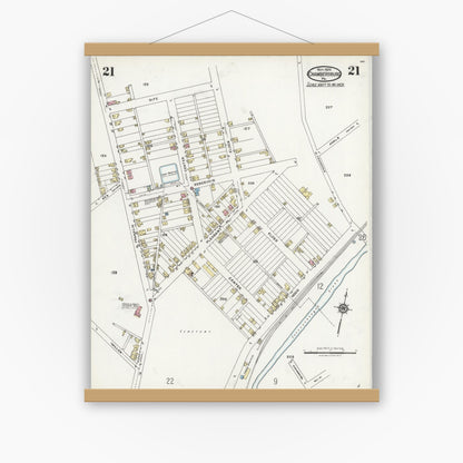 Old map wall art mockup — magnetic wood frame on white wall — Sanborn Fire Insurance Map from Chambersburg, Franklin County, Pennsylvania (1924), Sheet #0021