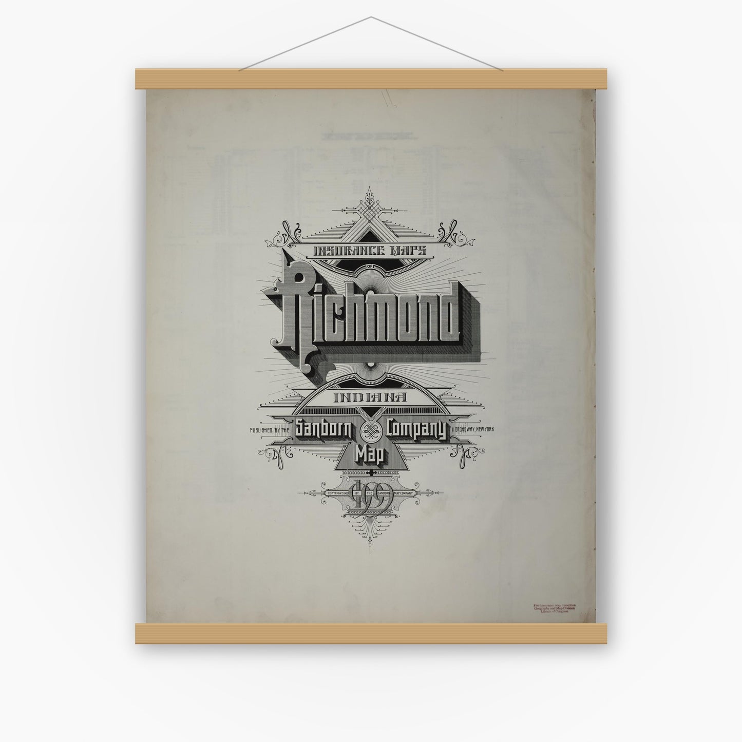 Old map wall art mockup — magnetic wood frame on white wall — Sanborn Fire Insurance Map from Richmond, Wayne County, Indiana (1909), Sheet #0001