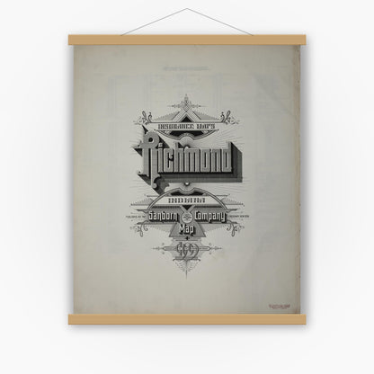 Old map wall art mockup — magnetic wood frame on white wall — Sanborn Fire Insurance Map from Richmond, Wayne County, Indiana (1909), Sheet #0001