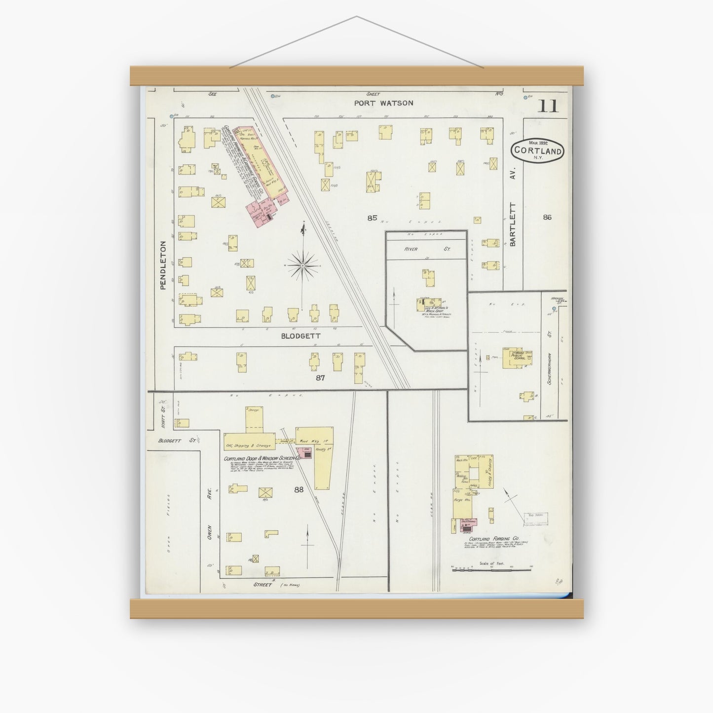 Old map wall art mockup — magnetic wood frame on white wall — Sanborn Fire Insurance Map from Cortland, Cortland County, New York (1892), Sheet #0011