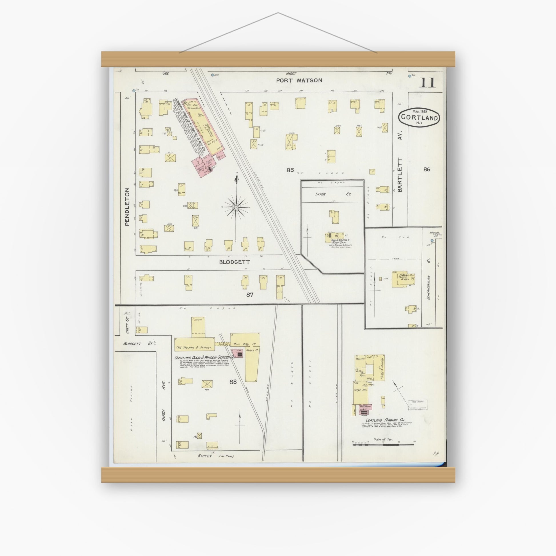 Old map wall art mockup — magnetic wood frame on white wall — Sanborn Fire Insurance Map from Cortland, Cortland County, New York (1892), Sheet #0011