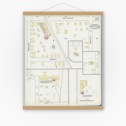 Old map wall art mockup — magnetic wood frame on white wall — Sanborn Fire Insurance Map from Cortland, Cortland County, New York (1892), Sheet #0011