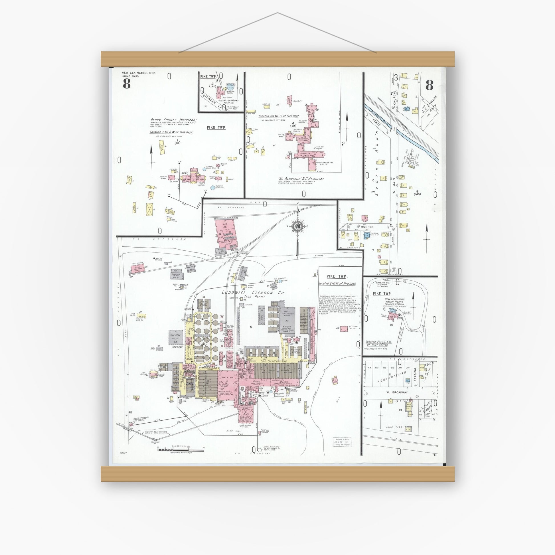 Old map wall art mockup — magnetic wood frame on white wall — Sanborn Fire Insurance Map from New Lexington, Perry County, Ohio (1950), Sheet #0008