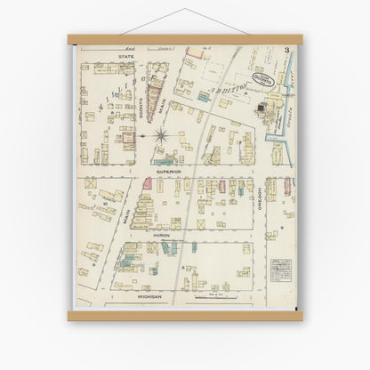 Old map wall art mockup — magnetic wood frame on white wall — Sanborn Fire Insurance Map from Oconto, Oconto County, Wisconsin (1883), Sheet #0003