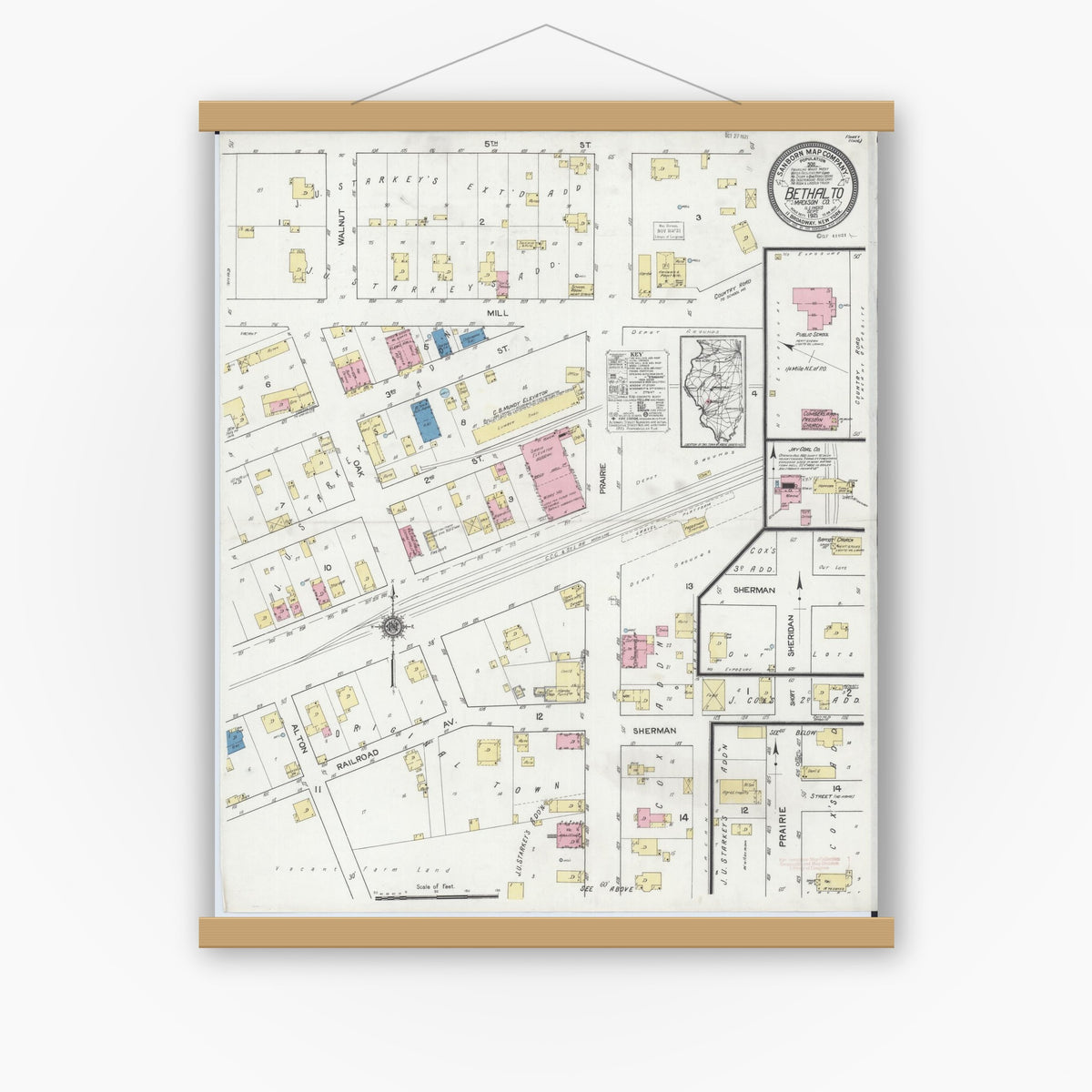 Old map wall art mockup — magnetic wood frame on white wall — Sanborn Fire Insurance Map from Bethalto, Madison County, Illinois (1921), Sheet #0001