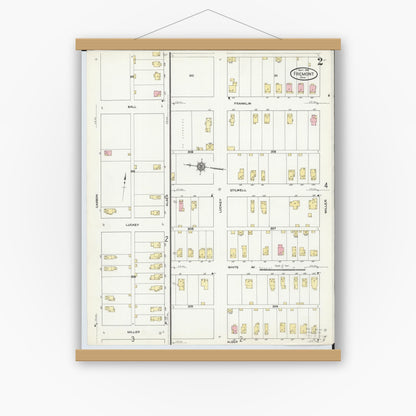 Old map wall art mockup — magnetic wood frame on white wall — Sanborn Fire Insurance Map from Fremont, Sandusky County, Ohio (1910), Sheet #0002