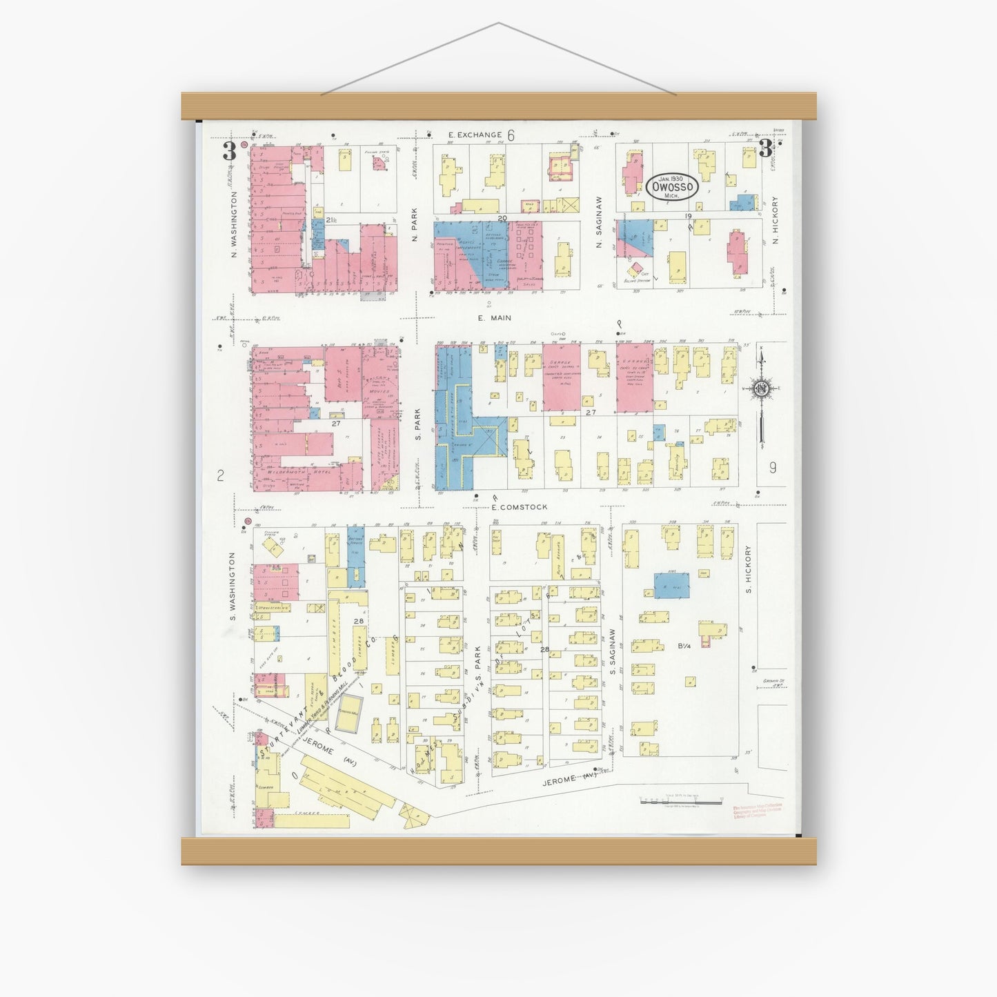 Old map wall art mockup — magnetic wood frame on white wall — Sanborn Fire Insurance Map from Owosso, Shiawassee County, Michigan (1930), Sheet #0003