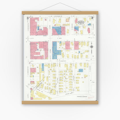 Old map wall art mockup — magnetic wood frame on white wall — Sanborn Fire Insurance Map from Owosso, Shiawassee County, Michigan (1930), Sheet #0003