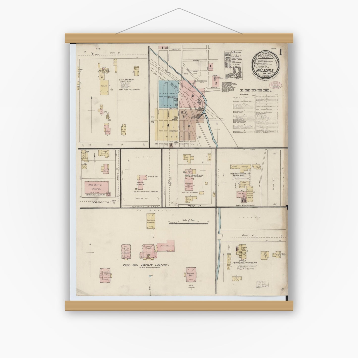 Old map wall art mockup — magnetic wood frame on white wall — Sanborn Fire Insurance Map from Hillsdale, Hillsdale County, Michigan (1888) - Complete Map Set