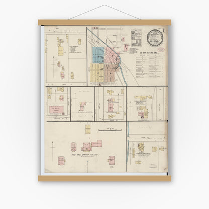 Old map wall art mockup — magnetic wood frame on white wall — Sanborn Fire Insurance Map from Hillsdale, Hillsdale County, Michigan (1888) - Complete Map Set