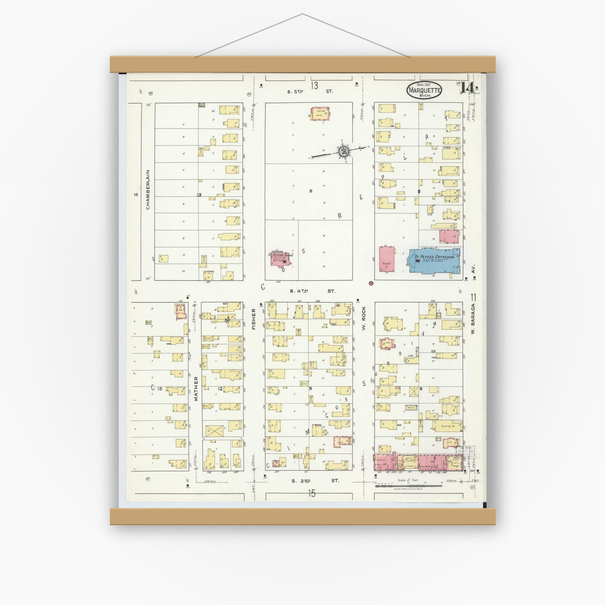Old map wall art mockup — magnetic wood frame on white wall — Sanborn Fire Insurance Map from Marquette, Marquette County, Michigan (1917), Sheet #0014
