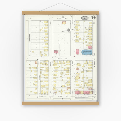Old map wall art mockup — magnetic wood frame on white wall — Sanborn Fire Insurance Map from Marquette, Marquette County, Michigan (1917), Sheet #0014