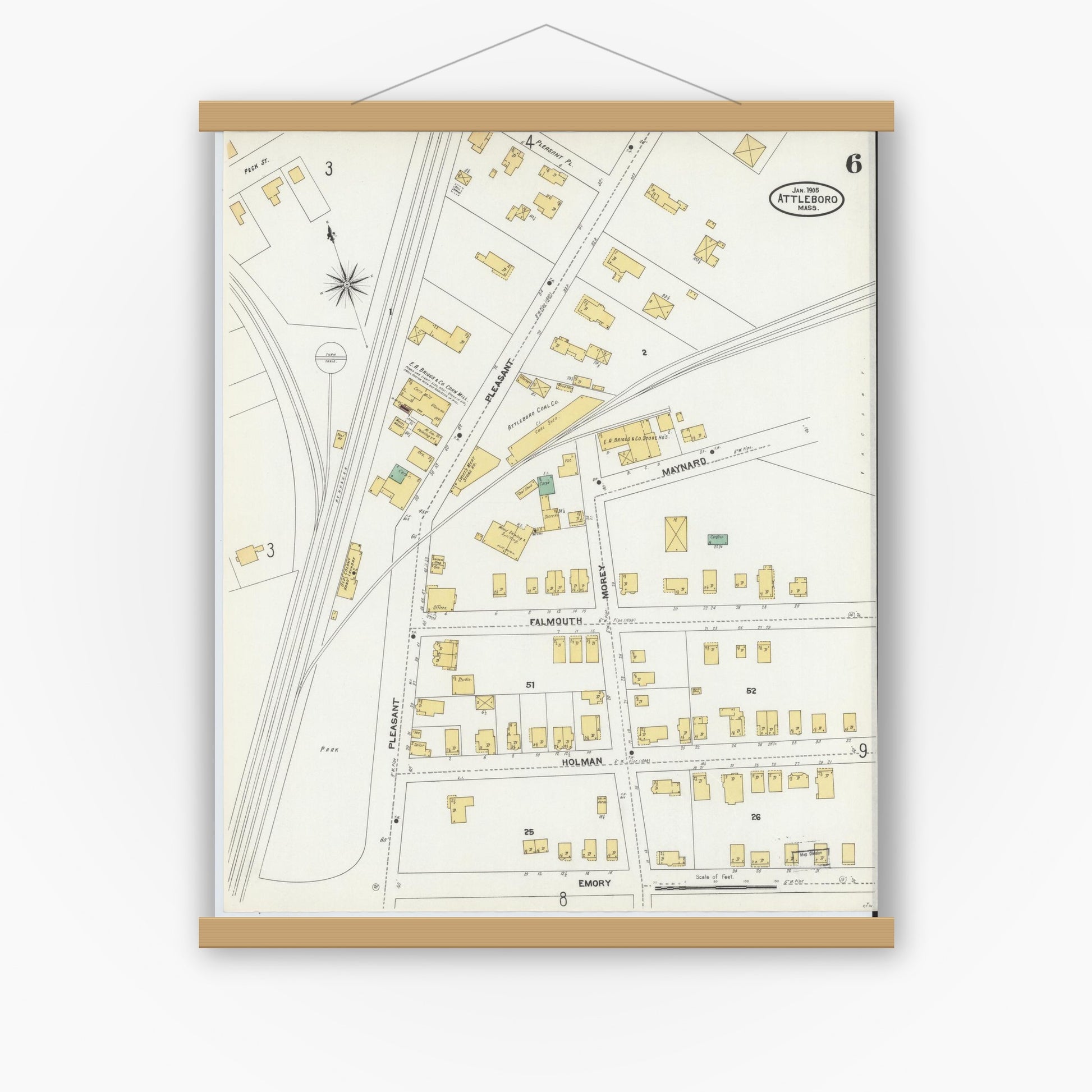 Old map wall art mockup — magnetic wood frame on white wall — Sanborn Fire Insurance Map from Attleboro, Bristol County, Massachusetts (1905), Sheet #0006
