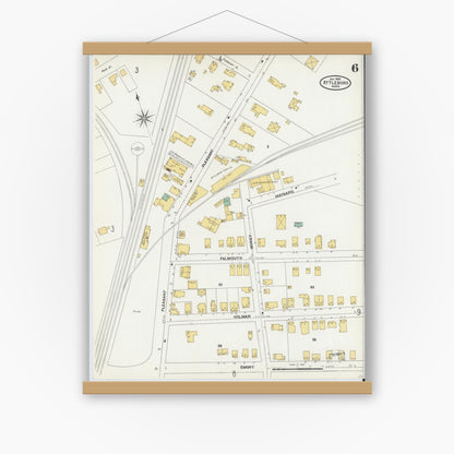 Old map wall art mockup — magnetic wood frame on white wall — Sanborn Fire Insurance Map from Attleboro, Bristol County, Massachusetts (1905), Sheet #0006