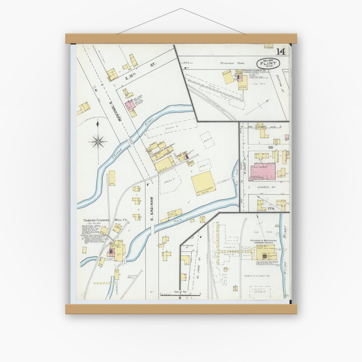 Old map wall art mockup — magnetic wood frame on white wall — Sanborn Fire Insurance Map from Flint, Genesee County, Michigan (1892), Sheet #0014