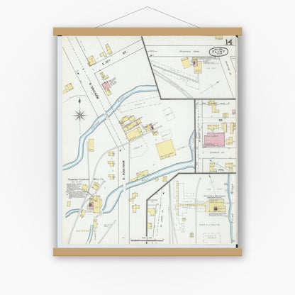 Old map wall art mockup — magnetic wood frame on white wall — Sanborn Fire Insurance Map from Flint, Genesee County, Michigan (1892), Sheet #0014