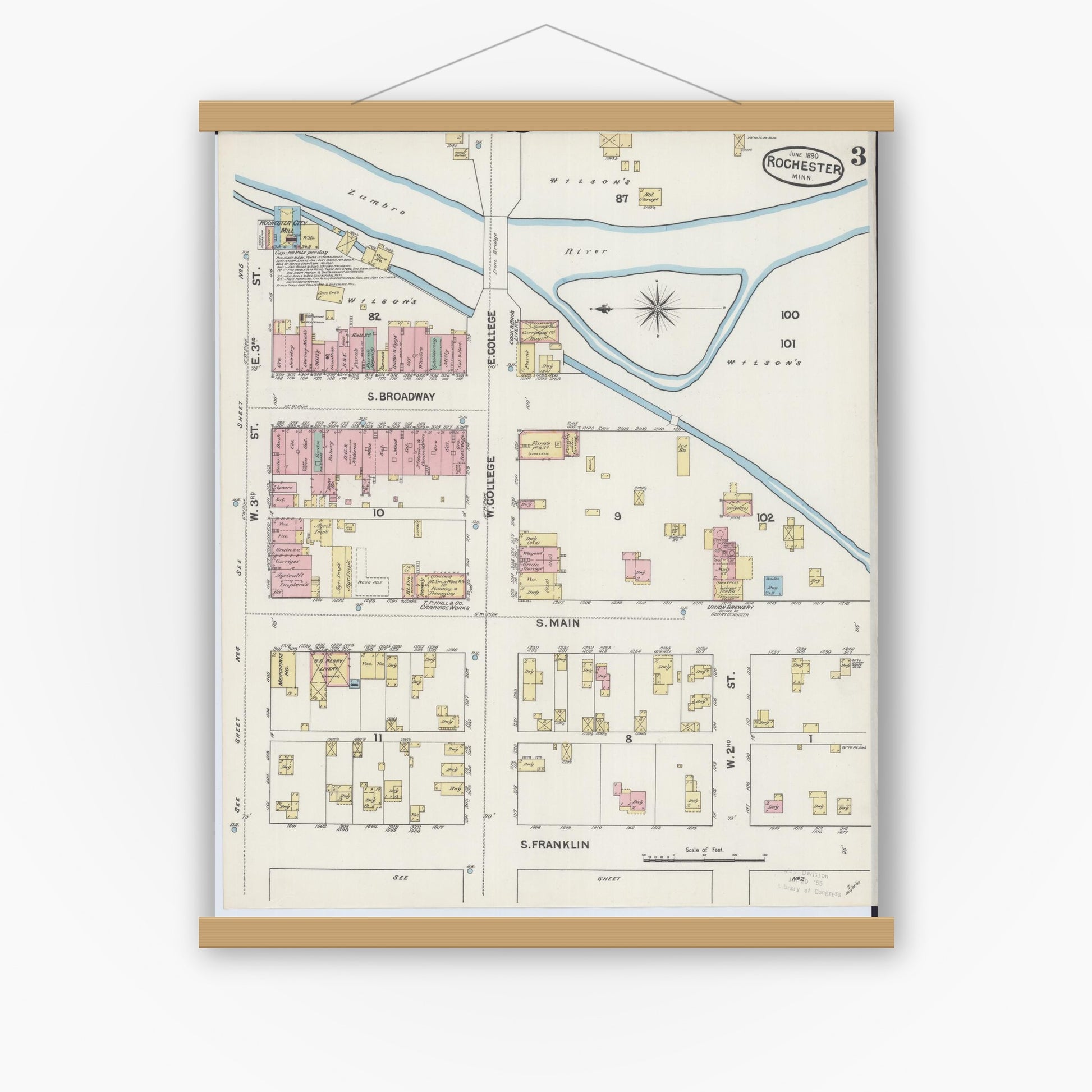 Old map wall art mockup — magnetic wood frame on white wall — Sanborn Fire Insurance Map from Rochester, Olmsted County, Minnesota (1890), Sheet #0003