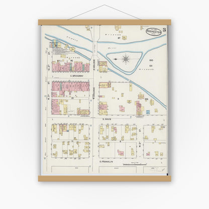 Old map wall art mockup — magnetic wood frame on white wall — Sanborn Fire Insurance Map from Rochester, Olmsted County, Minnesota (1890), Sheet #0003