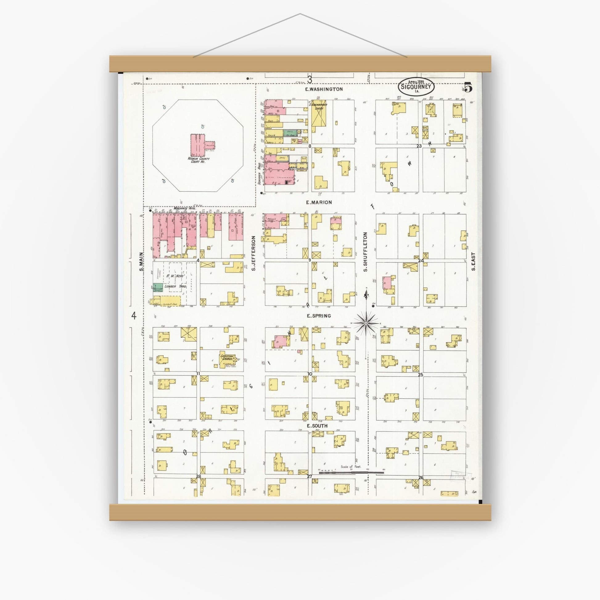 Old map wall art mockup — magnetic wood frame on white wall — Sanborn Fire Insurance Map from Sigourney, Kiokuk County, Iowa (1899), Sheet #0005