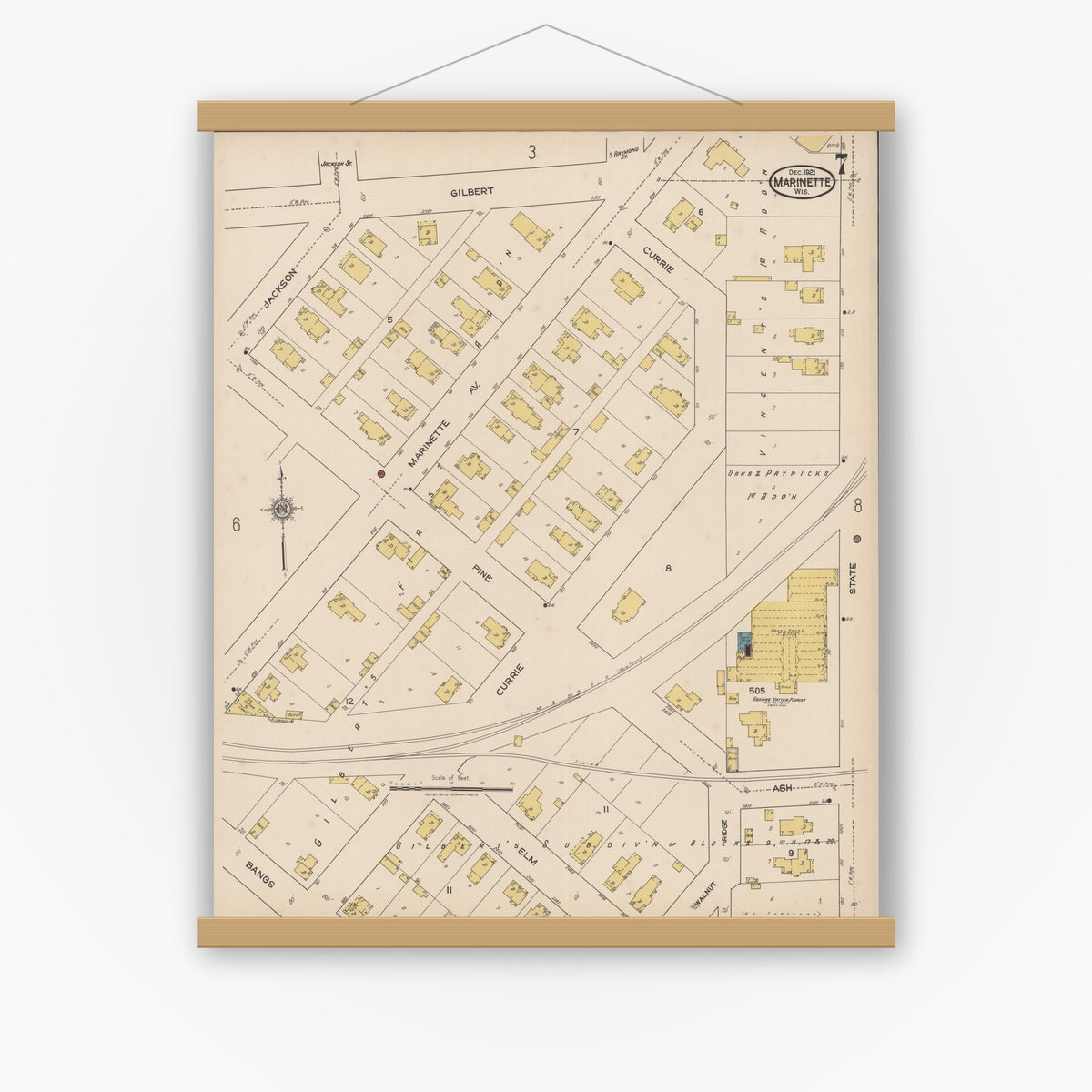 Old map wall art mockup — magnetic wood frame on white wall — Sanborn Fire Insurance Map from Marinette, Marinette County, Wisconsin (1921), Sheet #0007
