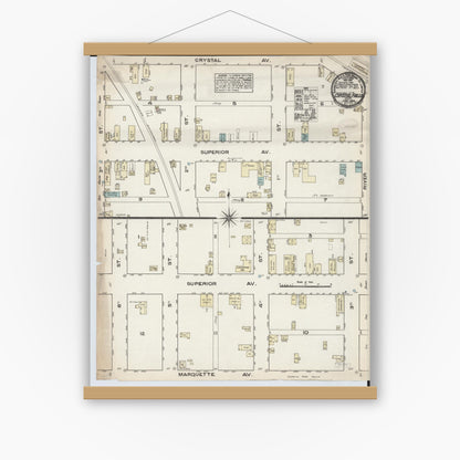 Old map wall art mockup — magnetic wood frame on white wall — Sanborn Fire Insurance Map from Crystal Falls, Iron County, Michigan (1884), Sheet #0001
