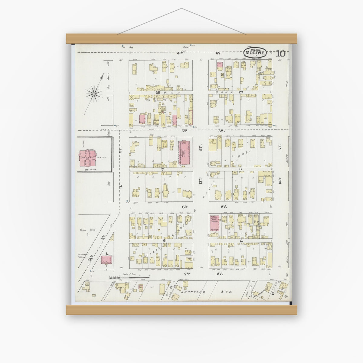 Old map wall art mockup — magnetic wood frame on white wall — Sanborn Fire Insurance Map from Moline, Rock Island County, Illinois (1892), Sheet #0010