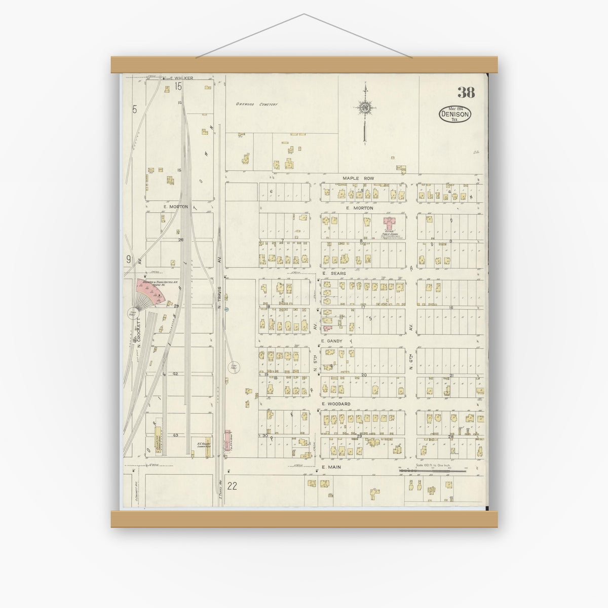 Old map wall art mockup — magnetic wood frame on white wall — Sanborn Fire Insurance Map from Denison, Grayson County, Texas (1914), Sheet #0038