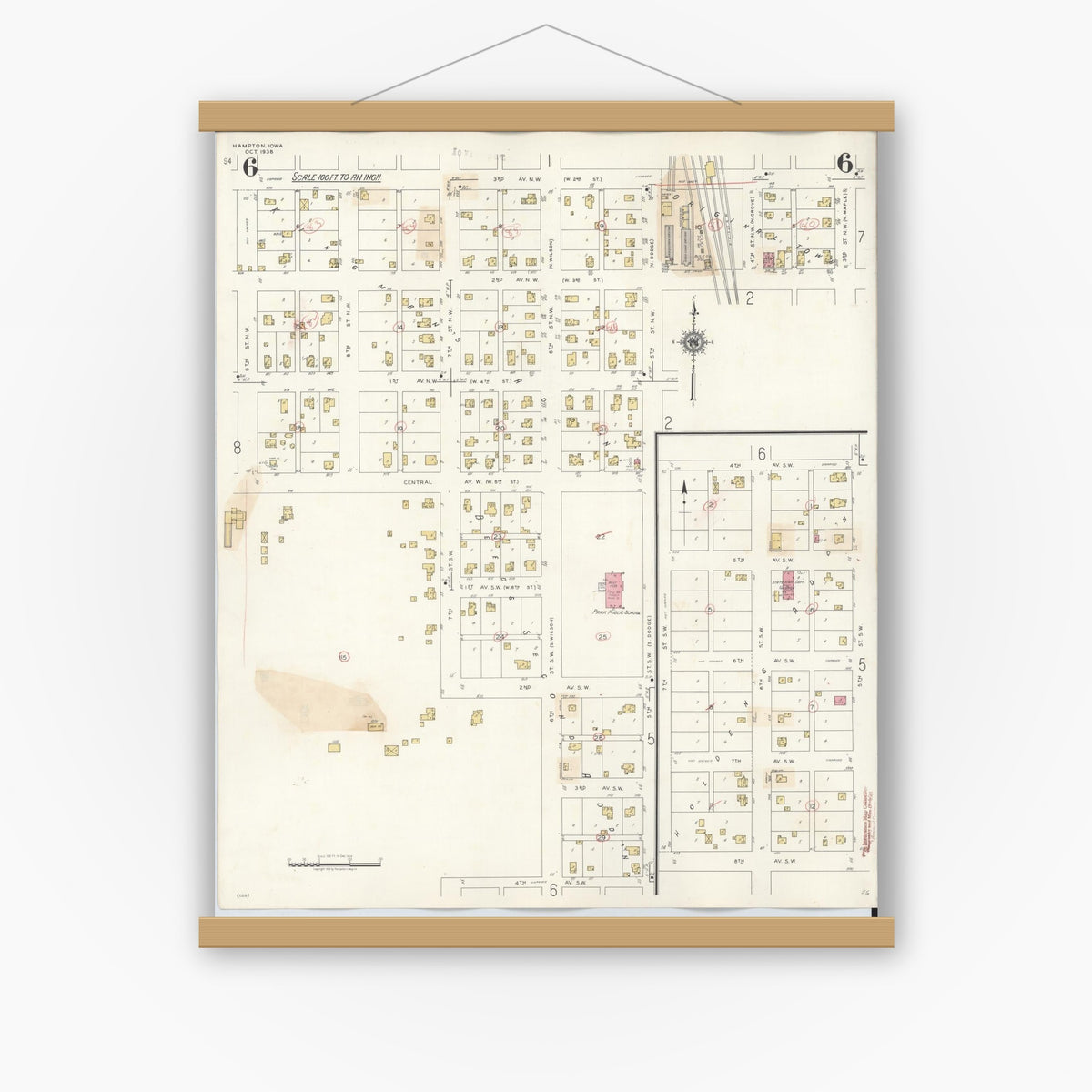 Old map wall art mockup — magnetic wood frame on white wall — Sanborn Fire Insurance Map from Hampton, Franklin County, Iowa (1944), Sheet #0006