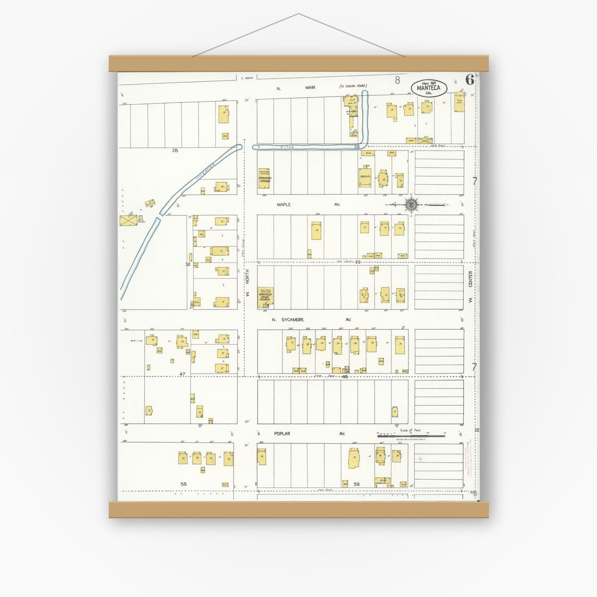 Old map wall art mockup — magnetic wood frame on white wall — Sanborn Fire Insurance Map from Manteca, San Joaquin County, California (1921), Sheet #0006