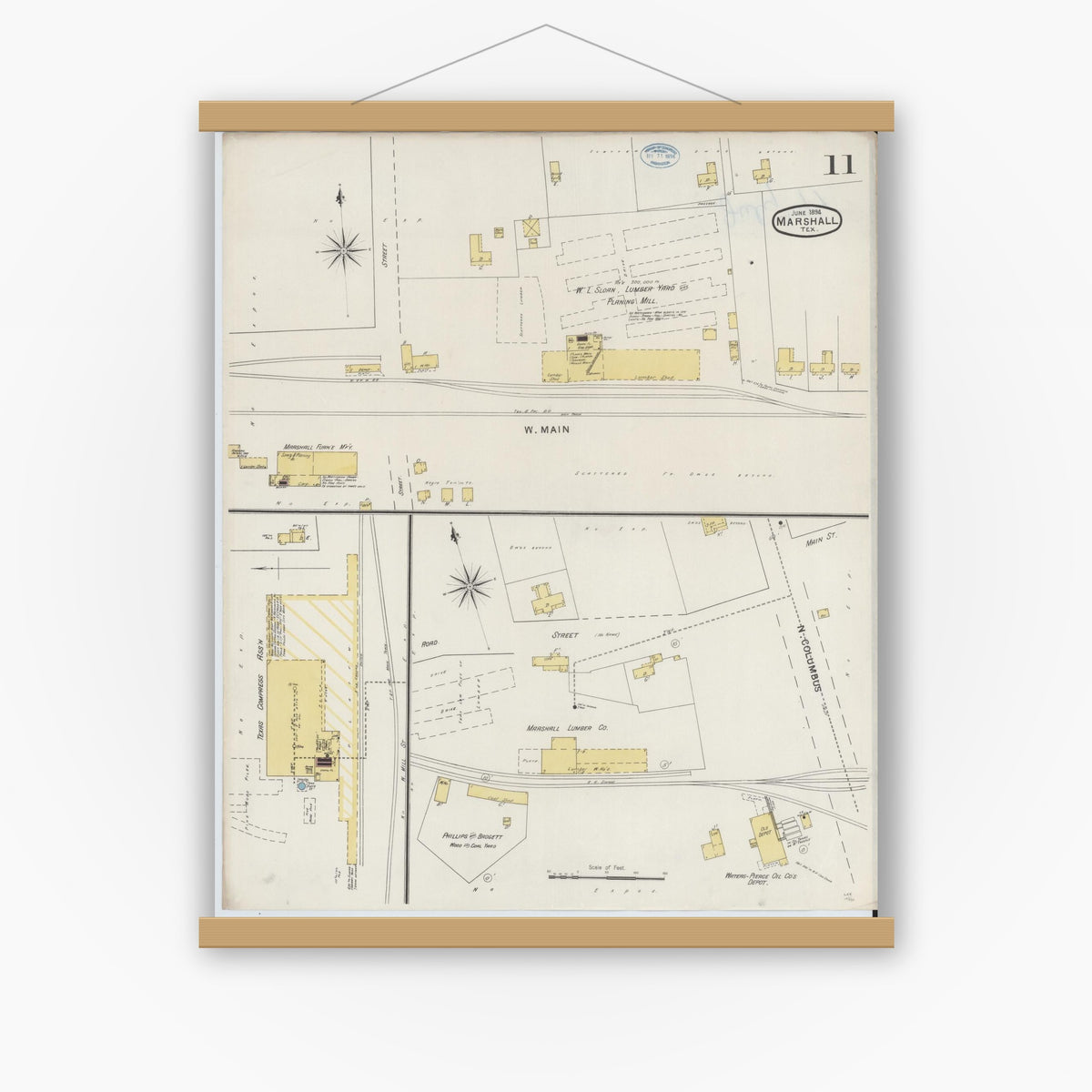 Old map wall art mockup — magnetic wood frame on white wall — Sanborn Fire Insurance Map from Marshall, Harrison County, Texas (1894), Sheet #0011