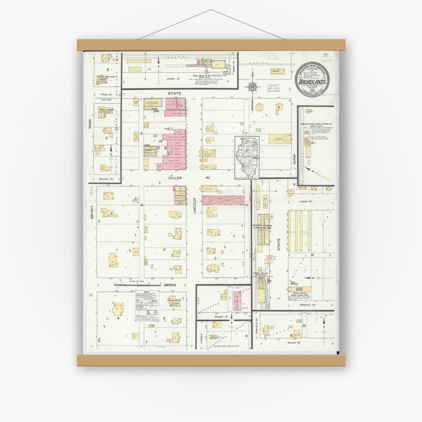 Old map wall art mockup — magnetic wood frame on white wall — Sanborn Fire Insurance Map from Broadlands, Champaign County, Illinois (1914), Sheet #0001