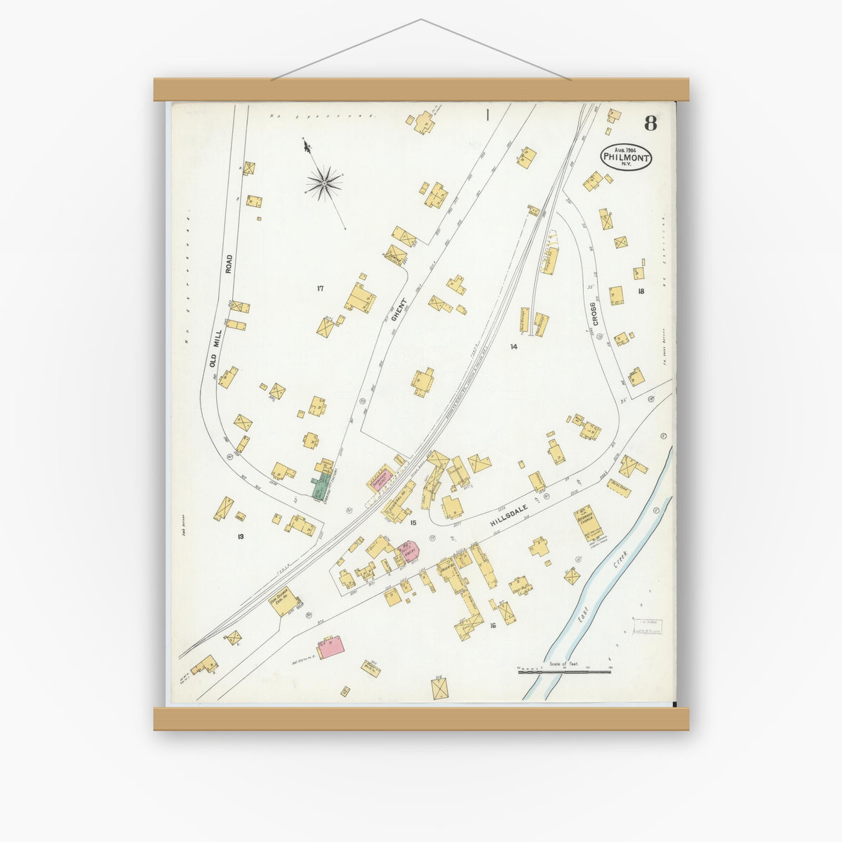 Old map wall art mockup — magnetic wood frame on white wall — Sanborn Fire Insurance Map from Philmont, Columbia County, New York (1904), Sheet #0008