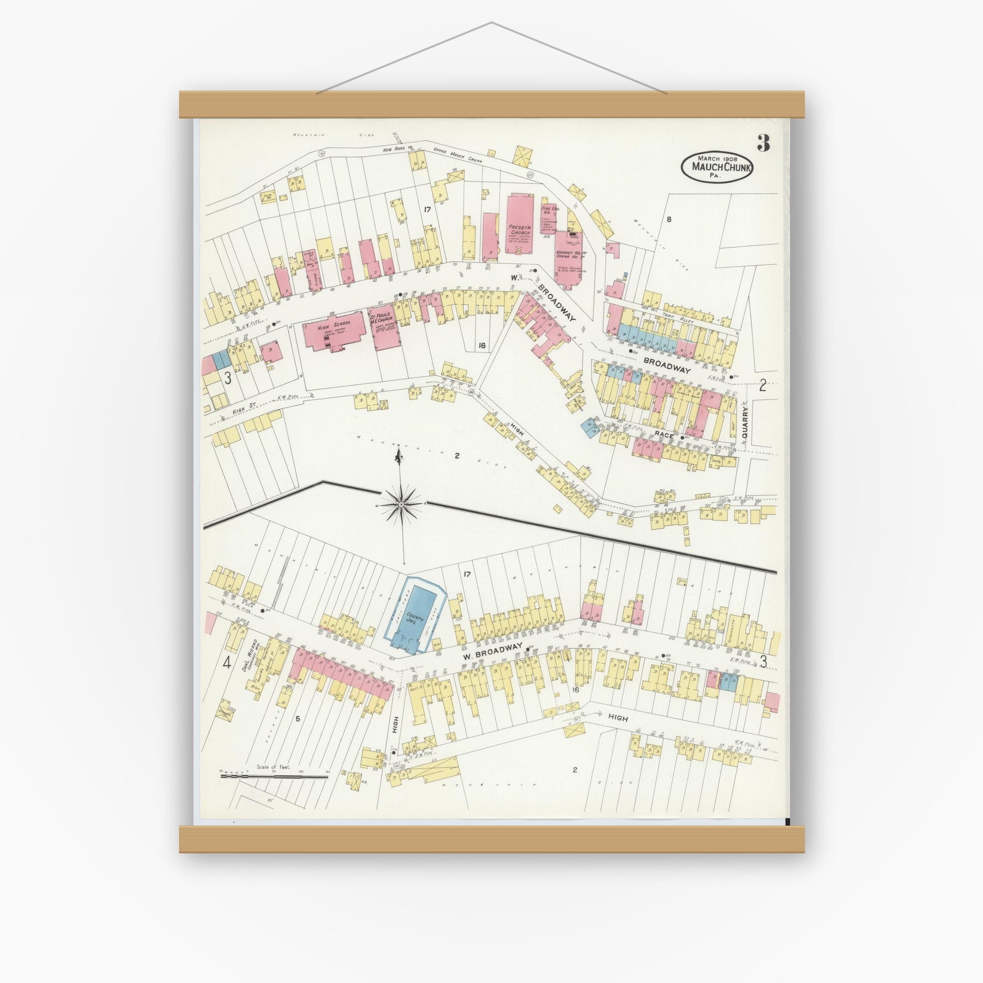 Old map wall art mockup — magnetic wood frame on white wall — Sanborn Fire Insurance Map from Mauch Chunk, Carbon County, Pennsylvania (1908), Sheet #0003