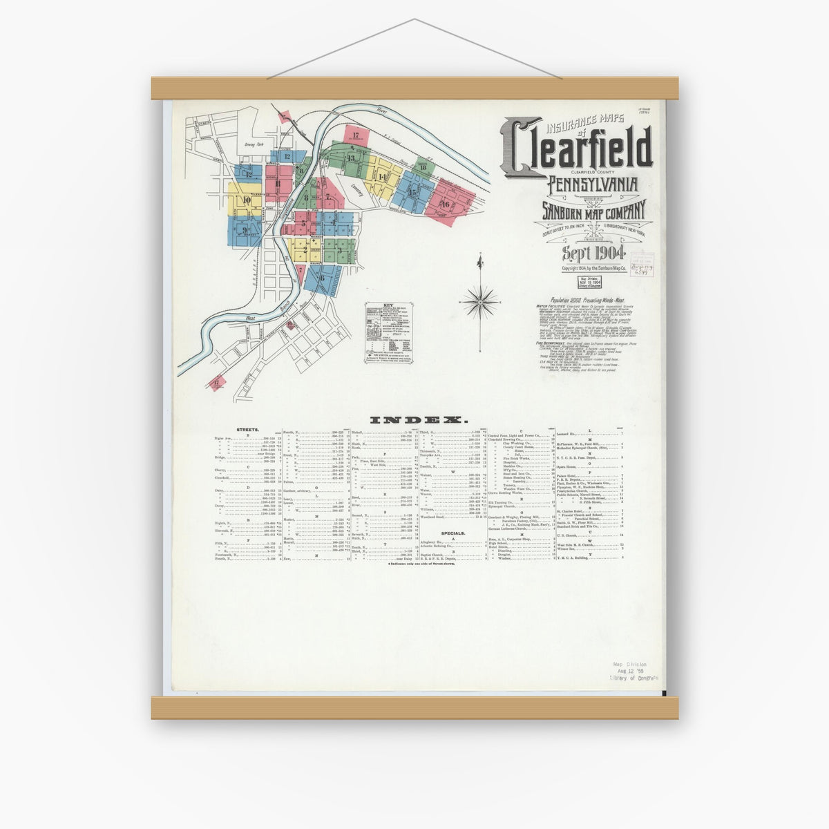 Old map wall art mockup — magnetic wood frame on white wall — Sanborn Fire Insurance Map from Clearfield, Clearfield County, Pennsylvania (1904) - Complete Map Set